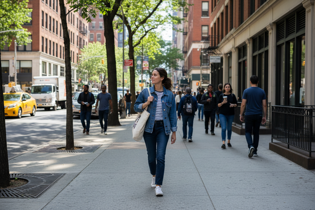 길거리에서 여자가 걸어가는 모습