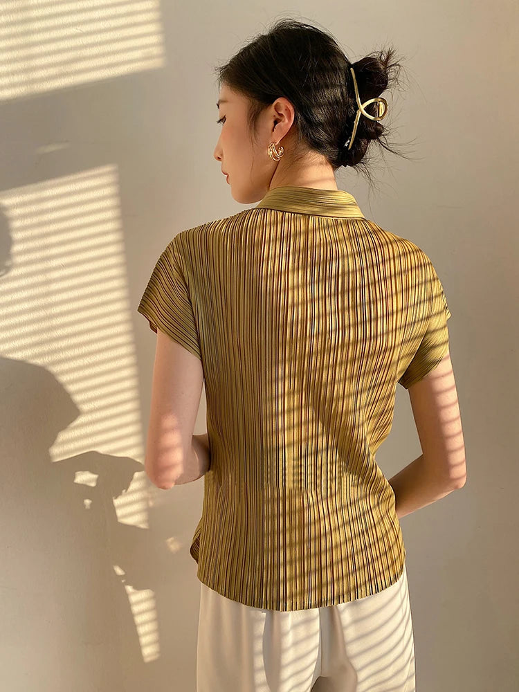 Miyake Pleated Cardigan Single Breasted Short Sleeve Polo Shirt Women Spring Summer Korean Fashion Causal Comfortable Clothing