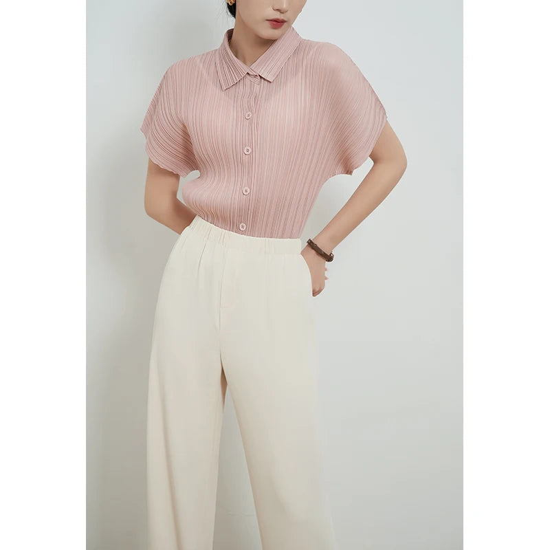 Miyake Pleated Cardigan Single Breasted Short Sleeve Polo Shirt Women Spring Summer Korean Fashion Causal Comfortable Clothing