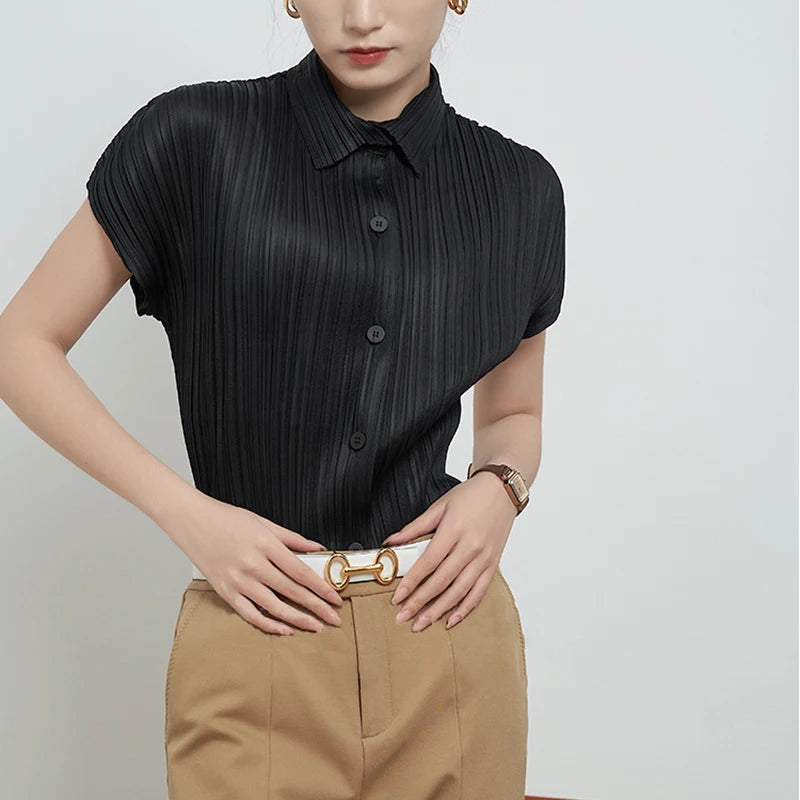 Miyake Pleated Cardigan Single Breasted Short Sleeve Polo Shirt Women Spring Summer Korean Fashion Causal Comfortable Clothing