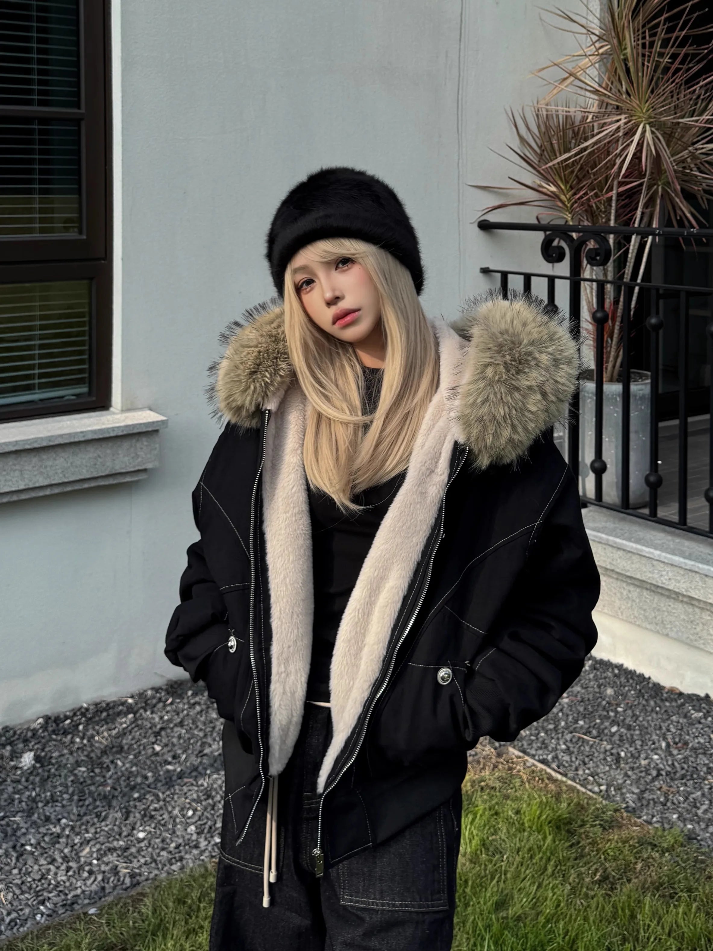 Y2k Street Vintage Warm Cardigan Loose Hoodie Women Autumn Winter Fashion Fur Collar Hat Hoodie Street Zipper Sweatshirt