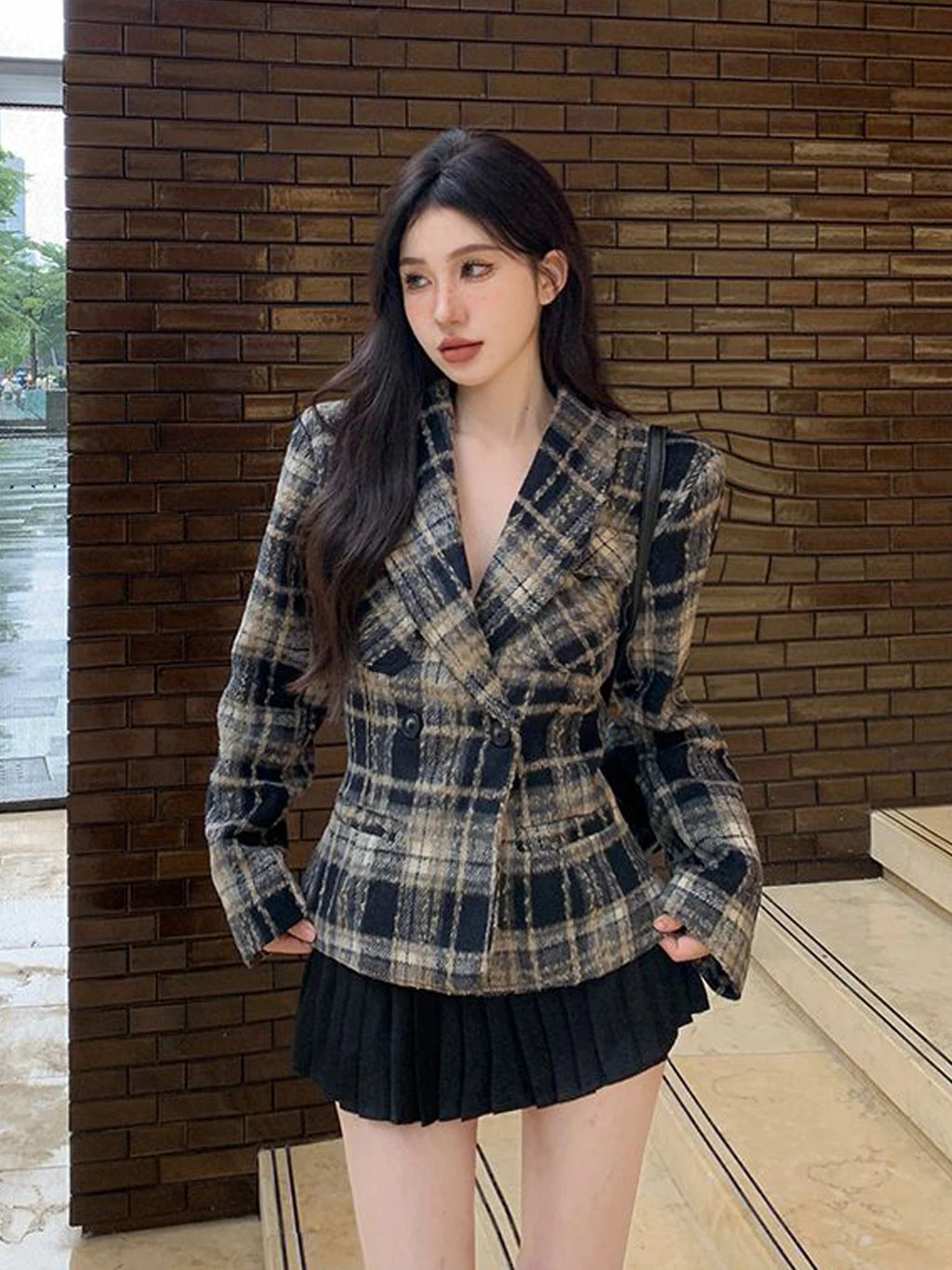Retro Korean Sle Women's Cheered Woolen Suit Jaet Slimming Waist Design Faionable ort Coat for Autumn Winter