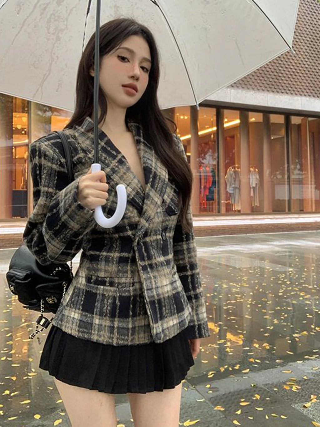 Retro Korean Sle Women's Cheered Woolen Suit Jaet Slimming Waist Design Faionable ort Coat for Autumn Winter