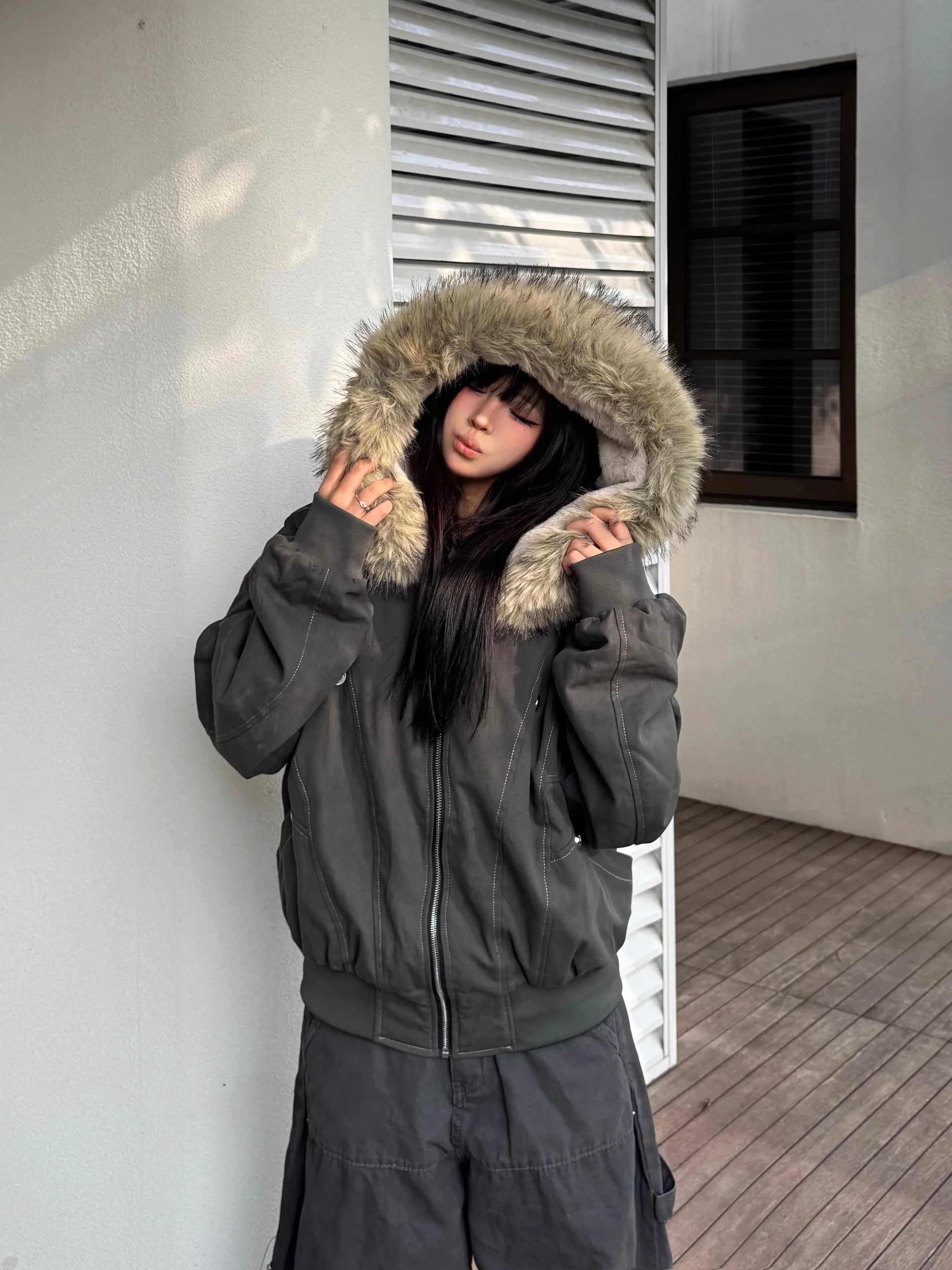 Y2k Street Vintage Warm Cardigan Loose Hoodie Women Autumn Winter Fashion Fur Collar Hat Hoodie Street Zipper Sweatshirt