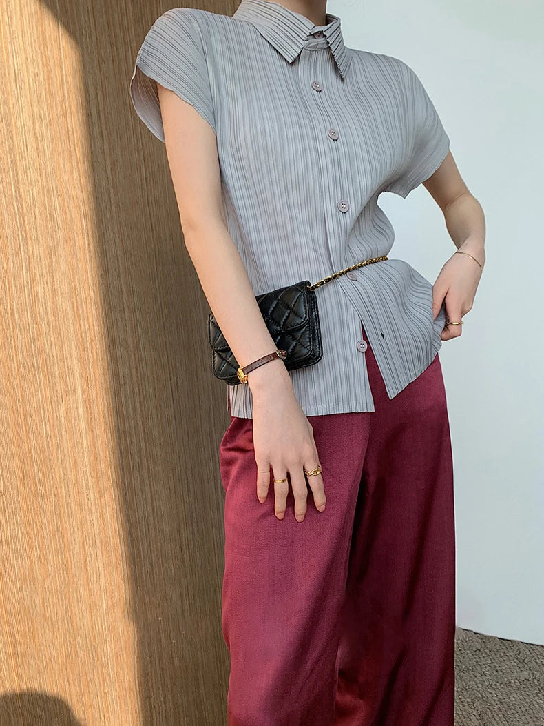 Miyake Pleated Cardigan Single Breasted Short Sleeve Polo Shirt Women Spring Summer Korean Fashion Causal Comfortable Clothing 