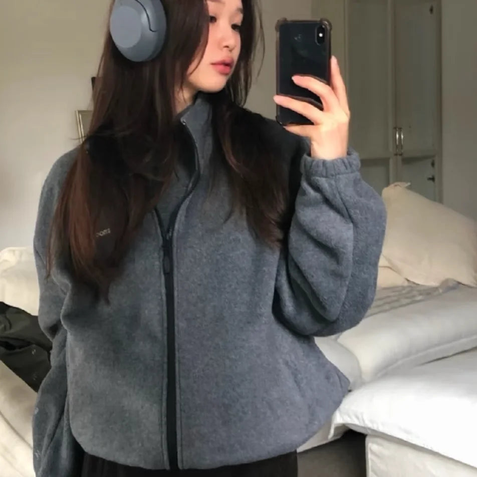 Smoothood Baby Sauce Loose Casual Stand Collar Zipper Fce Jaet Autumn 2025 Women's Commute Sle Regular Thin