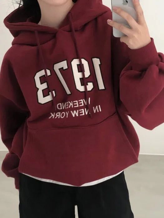 Chic Oversized Hoodie Women's Long Sve Fce Lined Printed Letter Casual Sweatirt Autumn Winter Street Sle Commute