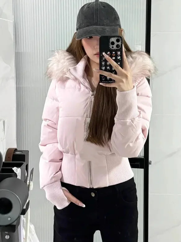 Ladies' Thiened Winter Coat with Large Fur Collar And Hood Korean Sle Loose Fit Warm Outerwear for Women