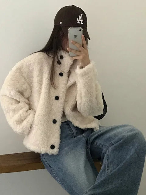Chic ort Lamb Fur Coat Women's Stand Collar Korean Sle Warmth Autumn Winter New Arrival College Sle Anti-Aging Outerwear