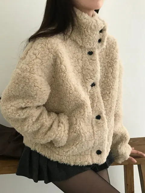 Chic ort Lamb Fur Coat Women's Stand Collar Korean Sle Warmth Autumn Winter New Arrival College Sle Anti-Aging Outerwear