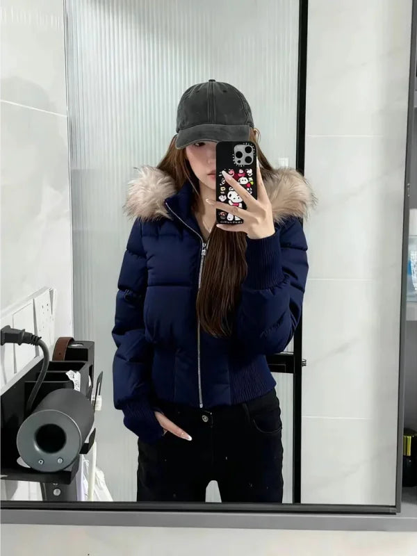 Ladies' Thiened Winter Coat with Large Fur Collar And Hood Korean Sle Loose Fit Warm Outerwear for Women