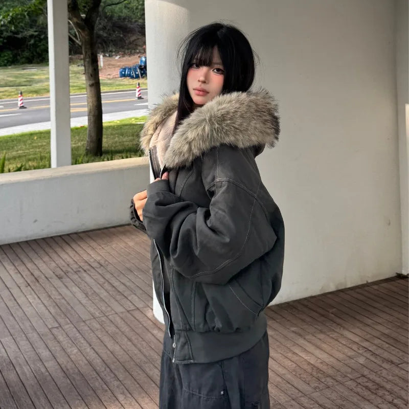 Y2k Street Vintage Warm Cardigan Loose Hoodie Women Autumn Winter Fashion Fur Collar Hat Hoodie Street Zipper Sweatshirt