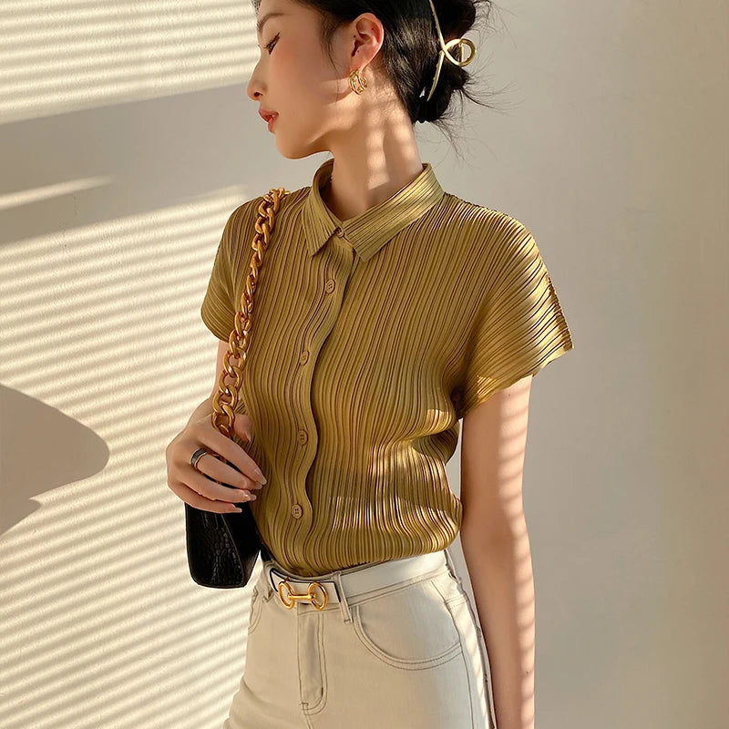 Miyake Pleated Cardigan Single Breasted Short Sleeve Polo Shirt Women Spring Summer Korean Fashion Causal Comfortable Clothing