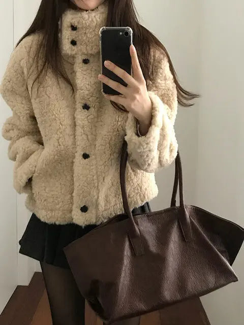 Chic ort Lamb Fur Coat Women's Stand Collar Korean Sle Warmth Autumn Winter New Arrival College Sle Anti-Aging Outerwear