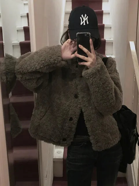 Chic ort Lamb Fur Coat Women's Stand Collar Korean Sle Warmth Autumn Winter New Arrival College Sle Anti-Aging Outerwear