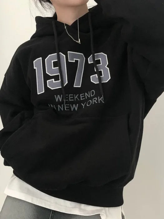 Chic Oversized Hoodie Women's Long Sve Fce Lined Printed Letter Casual Sweatirt Autumn Winter Street Sle Commute