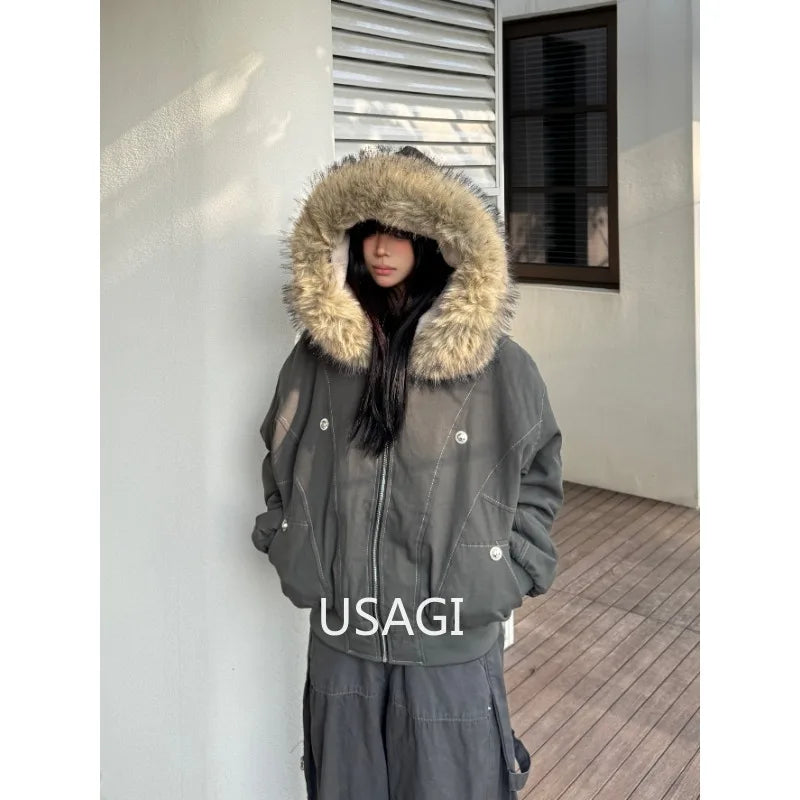 Y2k Street Vintage Warm Cardigan Loose Hoodie Women Autumn Winter Fashion Fur Collar Hat Hoodie Street Zipper Sweatshirt