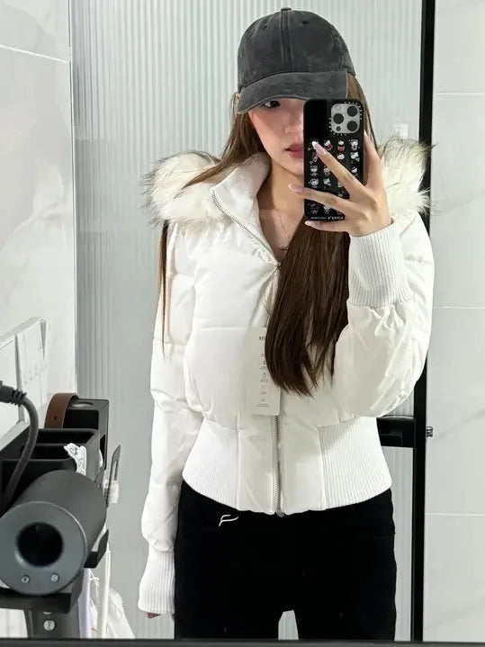 Ladies' Thiened Winter Coat with Large Fur Collar And Hood Korean Sle Loose Fit Warm Outerwear for Women