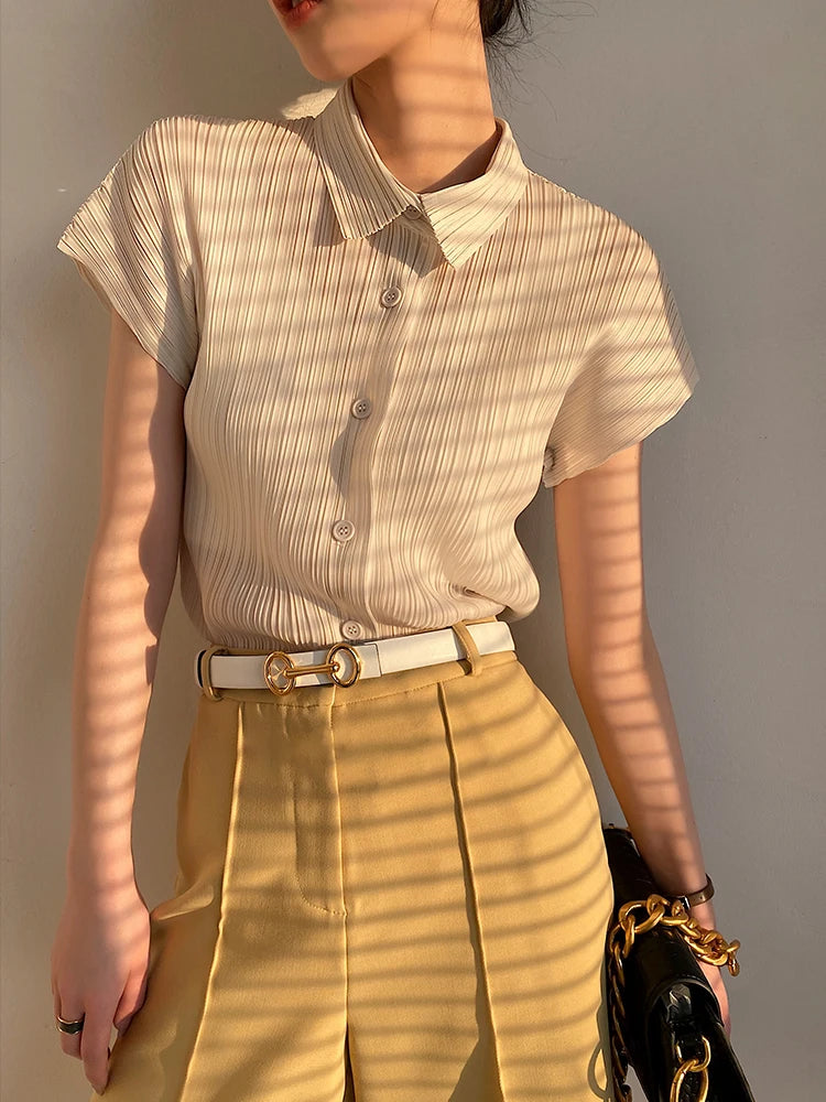 Miyake Pleated Cardigan Single Breasted Short Sleeve Polo Shirt Women Spring Summer Korean Fashion Causal Comfortable Clothing