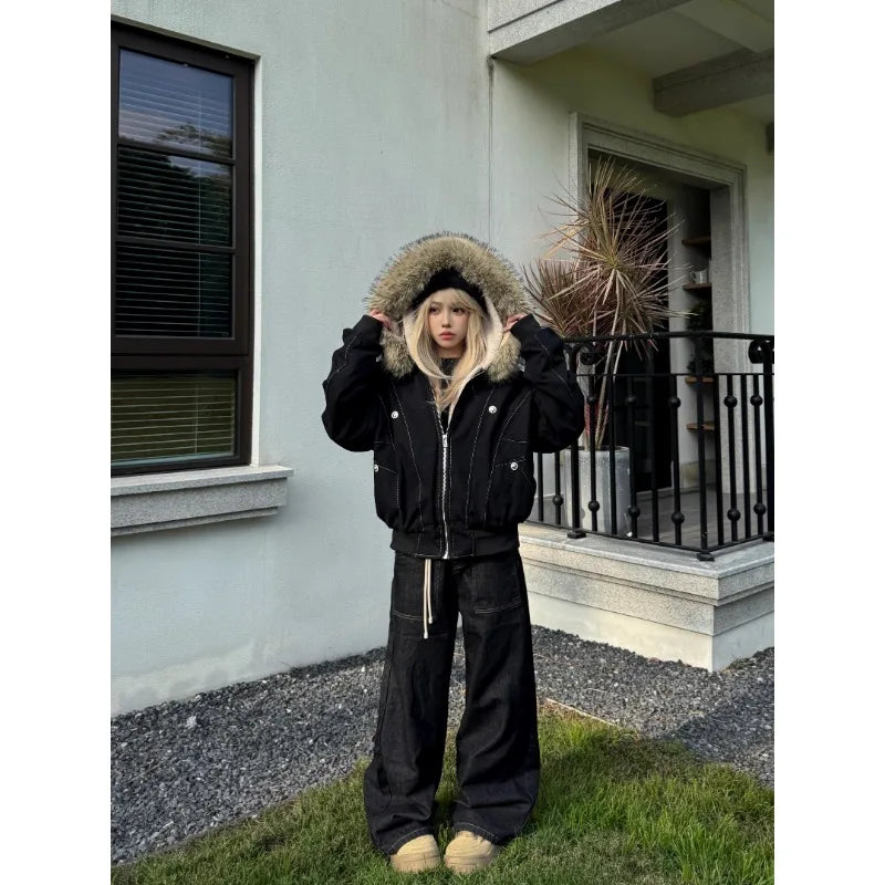 Y2k Street Vintage Warm Cardigan Loose Hoodie Women Autumn Winter Fashion Fur Collar Hat Hoodie Street Zipper Sweatshirt