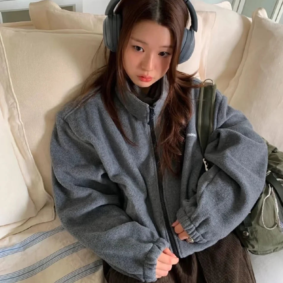 Smoothood Baby Sauce Loose Casual Stand Collar Zipper Fce Jaet Autumn 2025 Women's Commute Sle Regular Thin