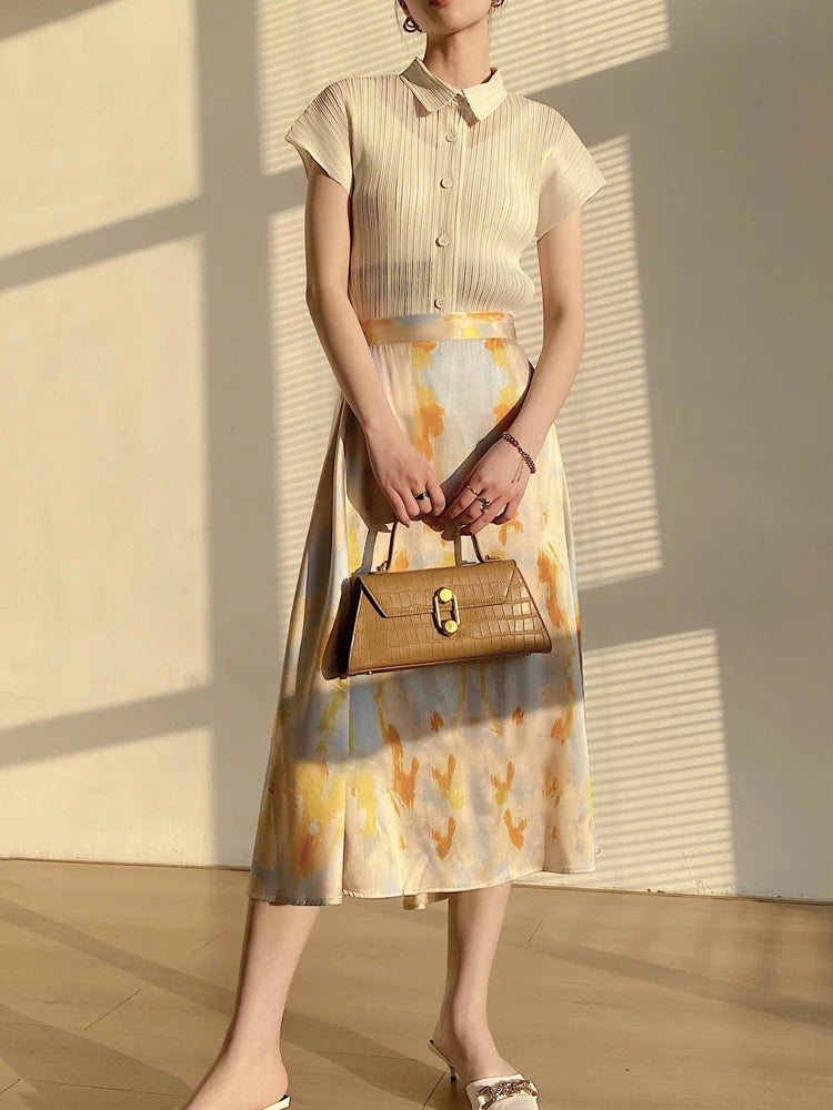 Miyake Pleated Cardigan Single Breasted Short Sleeve Polo Shirt Women Spring Summer Korean Fashion Causal Comfortable Clothing 