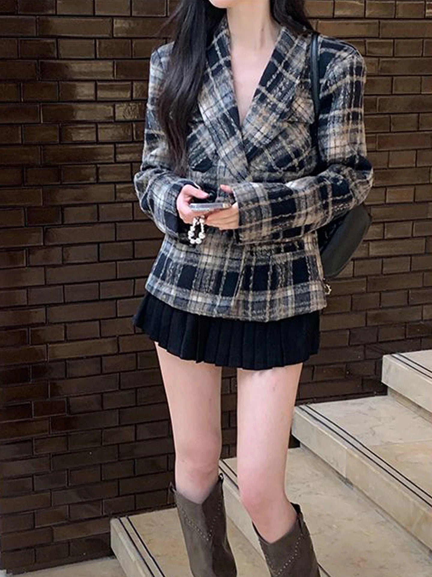 Retro Korean Sle Women's Cheered Woolen Suit Jaet Slimming Waist Design Faionable ort Coat for Autumn Winter