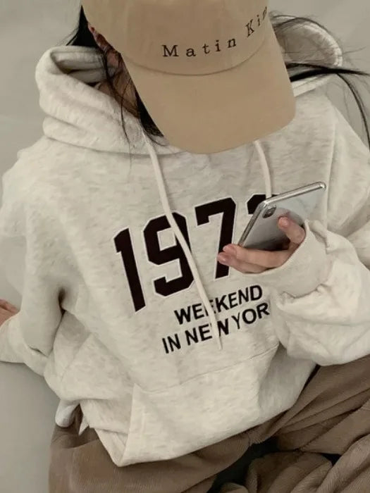 Chic Oversized Hoodie Women's Long Sve Fce Lined Printed Letter Casual Sweatirt Autumn Winter Street Sle Commute