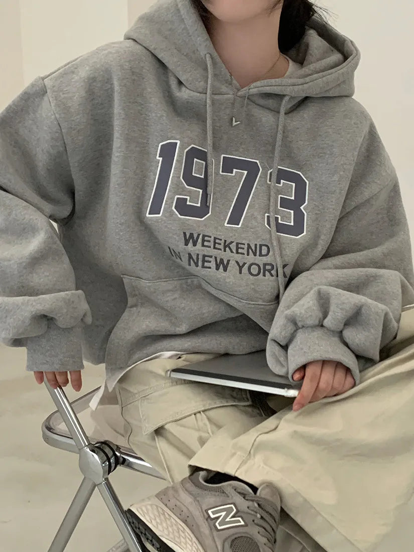 Chic Oversized Hoodie Women's Long Sve Fce Lined Printed Letter Casual Sweatirt Autumn Winter Street Sle Commute