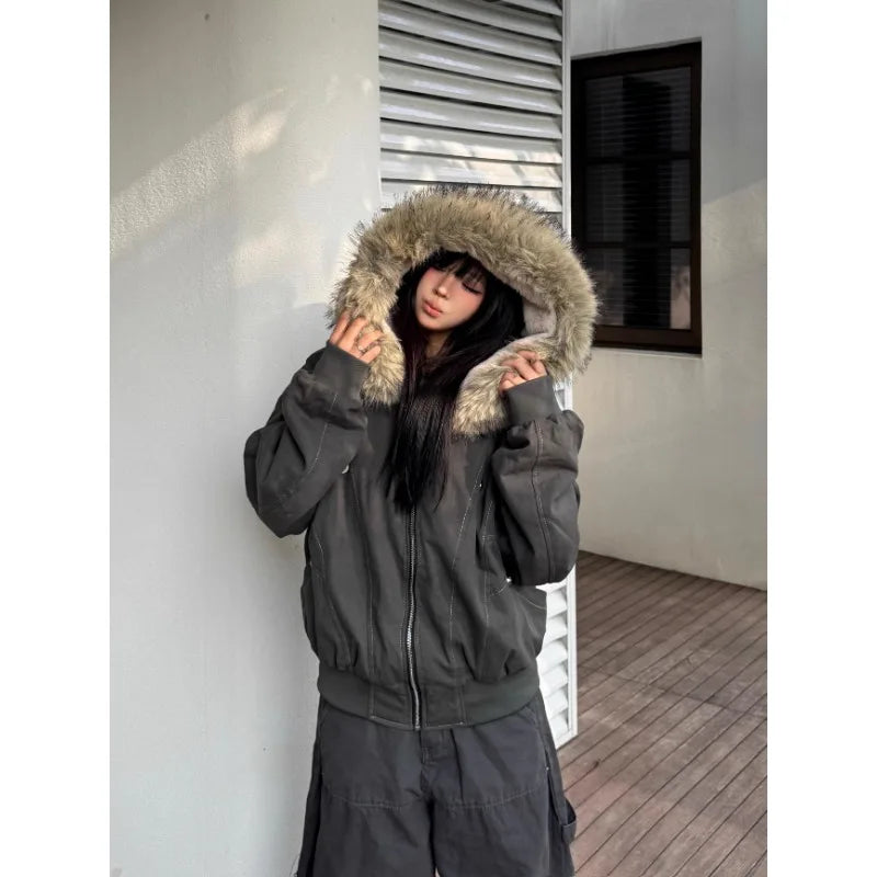 Y2k Street Vintage Warm Cardigan Loose Hoodie Women Autumn Winter Fashion Fur Collar Hat Hoodie Street Zipper Sweatshirt