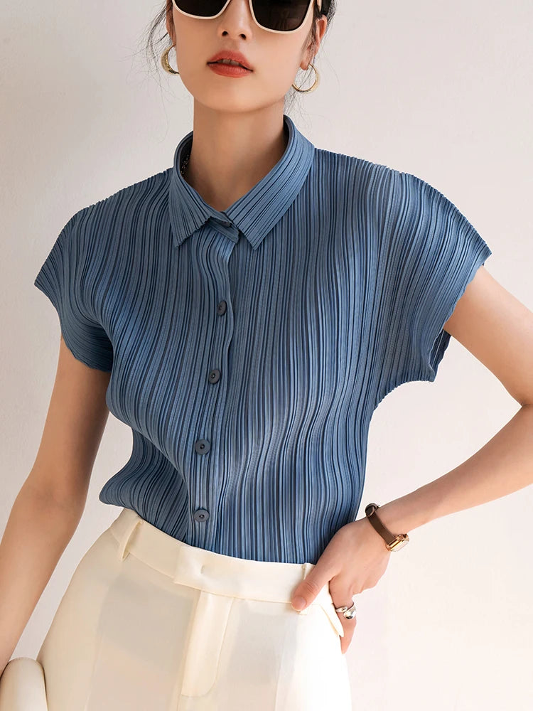 Miyake Pleated Cardigan Single Breasted Short Sleeve Polo Shirt Women Spring Summer Korean Fashion Causal Comfortable Clothing